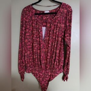 Free PeopleKaya Print Cutout Keyhole Bodysuit Chocolate Combo Size XL Nwot